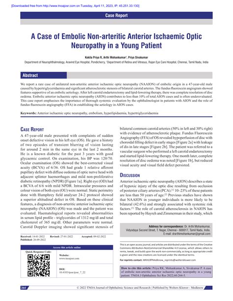 Pdf A Case Of Embolic Non Arteritic Anterior Ischaemic Optic