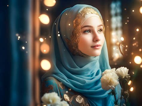 Premium Photo Smiling Beautiful Muslim Woman In Hijab With Flowers