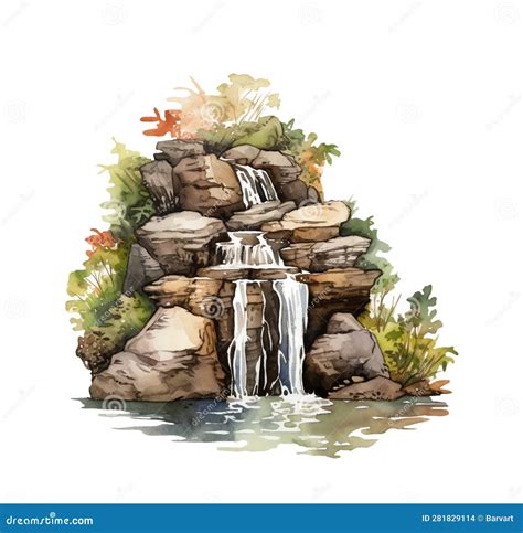 Watercolor Illustration Of Beautiful Waterfall And Mountains On White