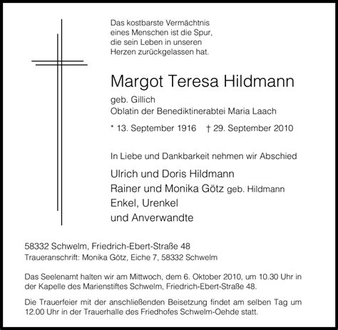 Traueranzeigen Von Margot Teresa Hildmann Trauer In Nrw De