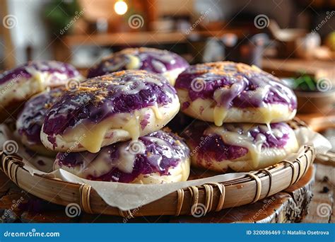 Basket Of Ube Pandesal With Purple Ube And Cheese On Wooden Table