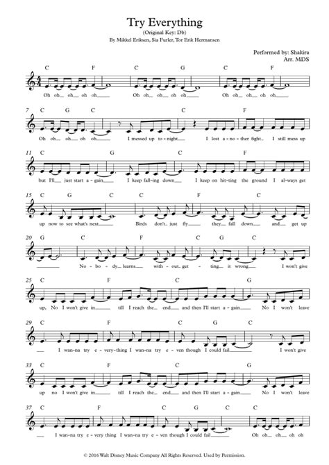 Try Everything Arr Arr Mds Sheet Music Shakira Lead Sheet