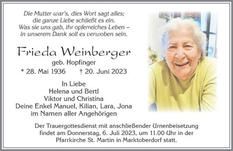 Traueranzeigen Von Frieda Weinberger Allg Uer Zeitung