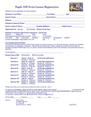 Fillable Online Maplehillswim Swim Lesson Registration Form