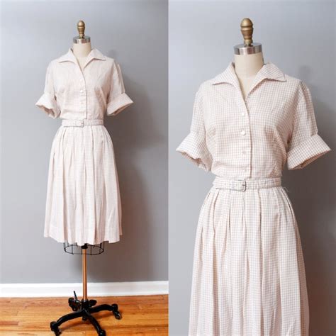 1950s Dress White Plaid Shirtwaist Full Skirt 50s Dress