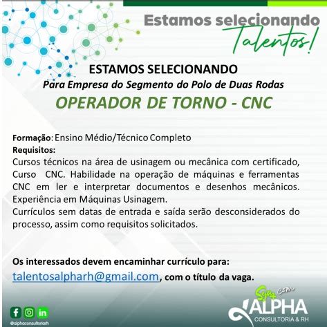 Alpha Consultoria Seleciona Para Vaga De Operador De Torno Cnc Envie