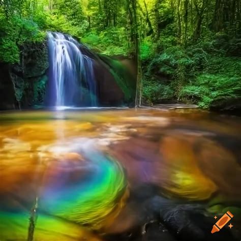 Breathtaking Rainbow Colored Waterfall And Crystal Clear Water Stream