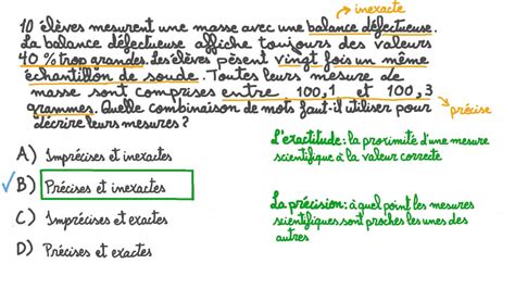 Vidéo Question Décrire L’exactitude Et La Précision De Mesures De Masse Nagwa