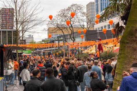 Overcrowded Street With People Celebrating The Kings Day Koningsdag In