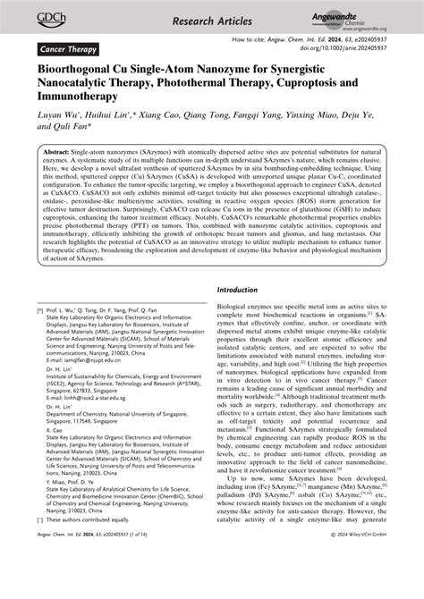 Bioorthogonal Cu Single‐atom Nanozyme For Synergistic Nanocatalytic Therapy Photothermal