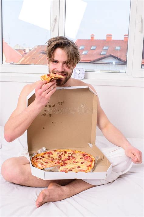 Guy Naked Covered Pizza Box Sit Bed Bedroom Offer You Join Him