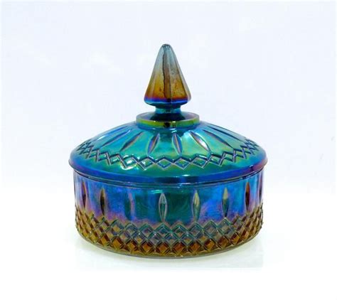 Carnival Glass Candy Dish With Lid 1950s 1960s Vintage Blue Etsy