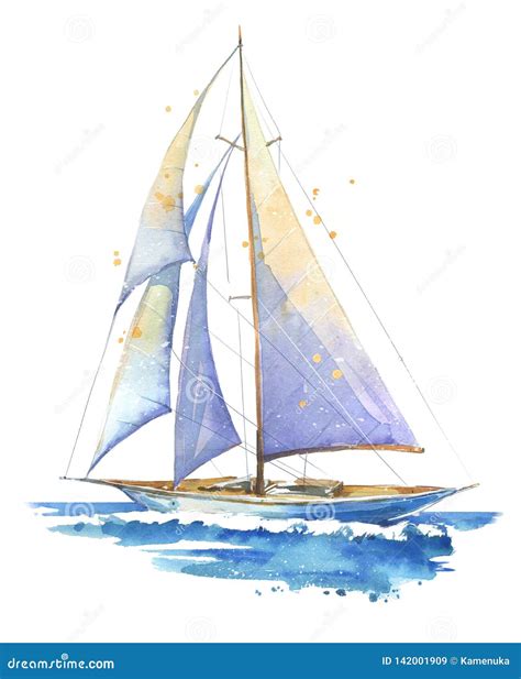 Sailing Boat Hand Painted Watercolor Illustration Stock Illustration