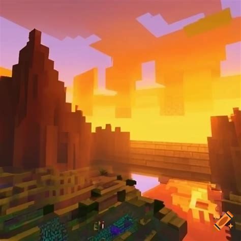 Sunset Over A Beautiful Landscape In Minecraft On Craiyon