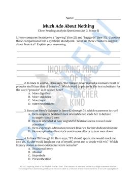 Much Ado About Nothing Act 3 Scene 1 Close Reading Worksheet For Google