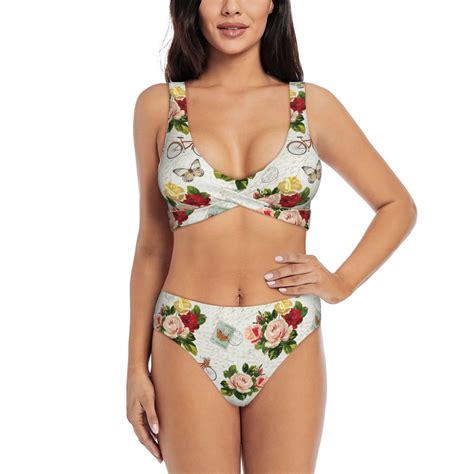 Rocae Vintage Bike Flower Butterfly For Bikini Set For Women Two Piece Sexy High Swimsuits Split
