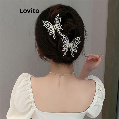 Lovito Grampos de cabelo elegantes pérolas e strass borboleta para