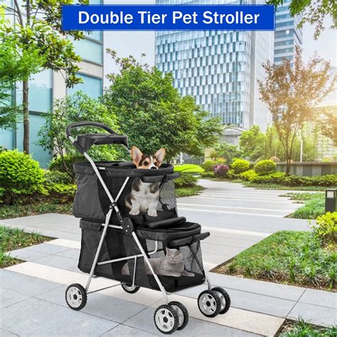 4 Wheels Pet Stroller Dog Cat Stroller, Foldable 2 Cages Strollers ...