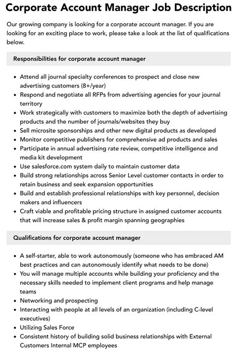 Corporate Account Manager Job Description Velvet Jobs