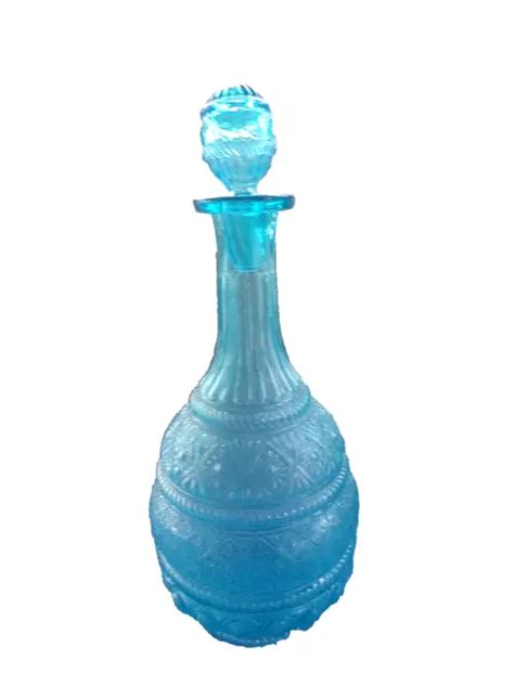 Ancienne Grande Carafe D Canter Le Vin En Verre Color Bleu Avec Son