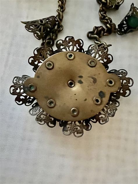 Antique Necklace 1800 S Green Stone Flower Gold Tone Gem