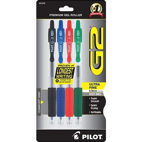 Pilot G2 Retractable Gel Pens Ultra Fine Point Assorted Ink 4pack