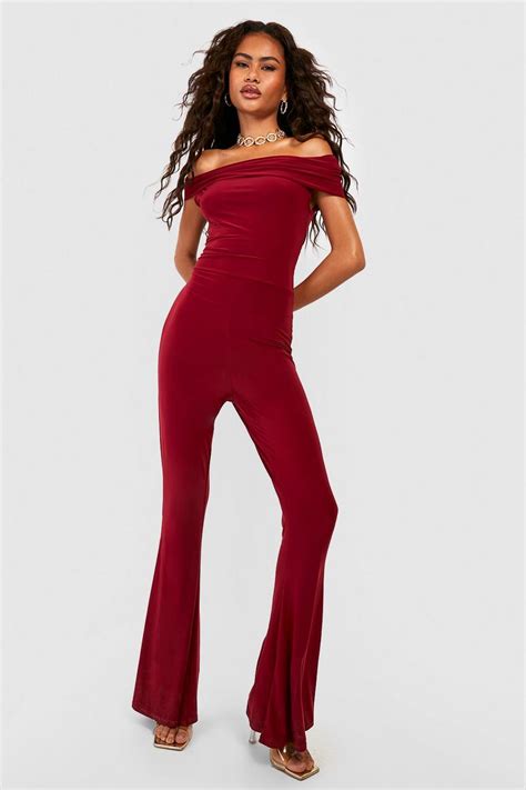 Slinky Flared Leg Off The Shoulder Jumpsuit Boohoo