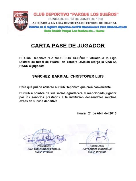 Carta Pase De Jugador Pdf