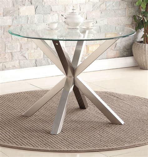 Dining Table Round Clear Glass Top Brushed Stainless Steel Legs