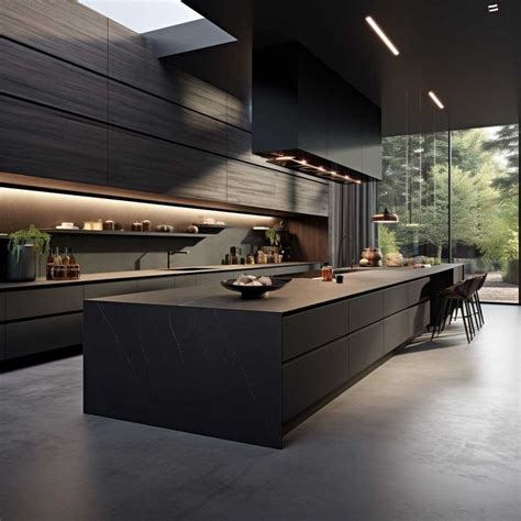 A Modern Kitchen With Black Cabinets And Counter Tops