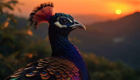 Majestic Peacock Displays Vibrant Colors In Nature Beautiful Sunset