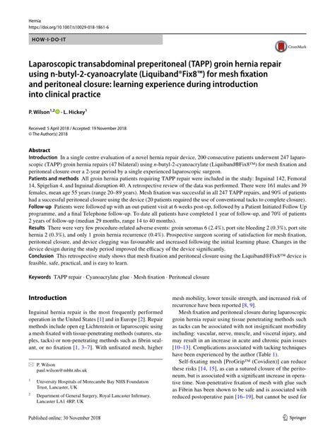 PDF Laparoscopic Transabdominal Preperitoneal TAPP Groin Hernia