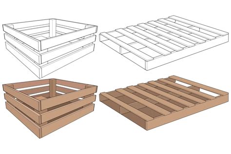 Set Of Wooden Pallet Vector Illustration On Black Background Isolated