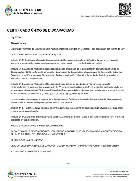 Ley 27711 Certificado Único De Discapacidad Cud Pdf