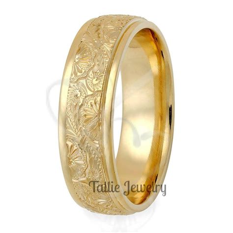 6mm 10K 14K 18K Solid Yellow Gold Hand Engraved Mens Wedding Etsy