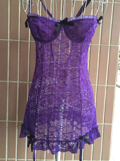 Women S Purple Chemise Lace Sheer Sexy Lingerie Piece Set Milanoo