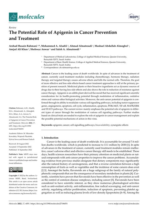 PDF The Potential Role Of Apigenin In Cancer Prevention And Treatment