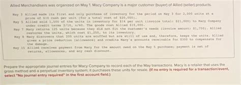 Solved Allied Merchandisers Was Organized On May 1 Macy Chegg