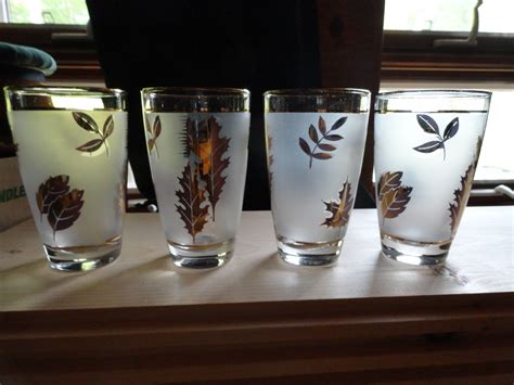 Vintage Libbey Starlyte Gold Leaves Drinking Glasses Frosted And Clear Set Of 4 Tapered Glasses