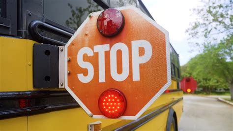 Flashing red stop sign on yellow school bus popping out | ClipStock