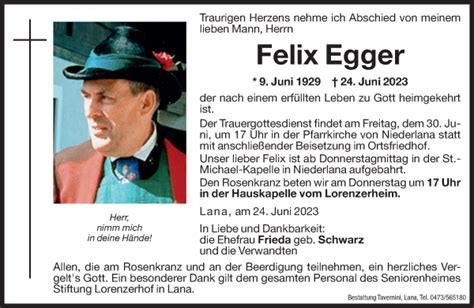 Traueranzeigen Von Felix Egger Trauer Bz