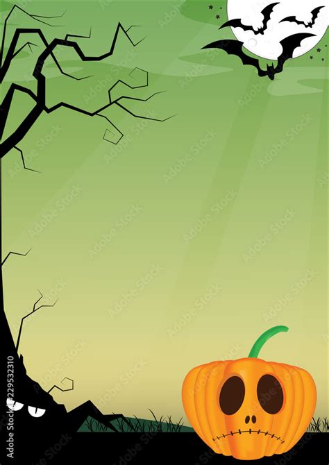 Halloween pumpkin sad poster, background green with dark tree, shadow ...