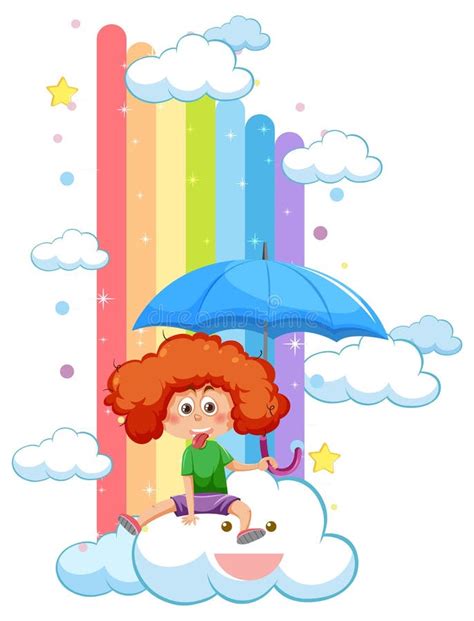 Une Fille Assise Sur Le Nuage Avec L Arc En Ciel Illustration De