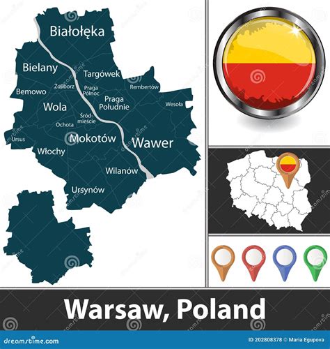 Map of Warsaw, Poland stock vector. Illustration of regions - 202808378