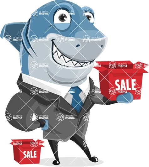 Shark Businessman Cartoon Vector Character Set With Sale Boxes