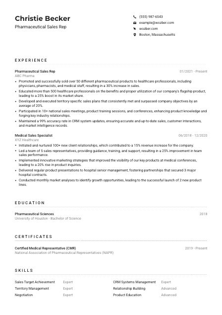 Pharmaceutical Sales Rep Resume Example