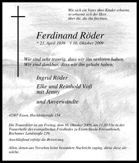 Traueranzeigen von Ferdinand Röder Trauer in NRW de