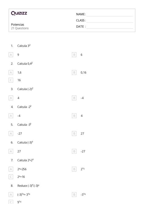 Exponentes Hojas De Trabajo Para Grado En Quizizz Gratis E