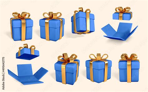 3D Realistic Blue Gift Boxes With Golden Bow Paper Boxes With Ribbon