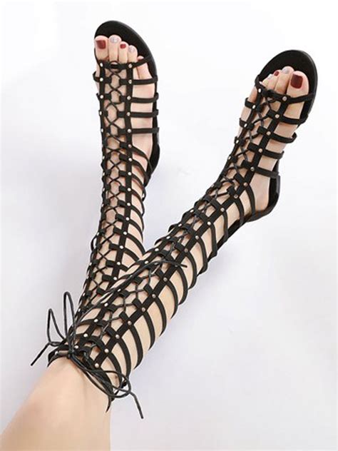 Brown Suede Flat Lace Up Knee High Gladiator Sandals For Women